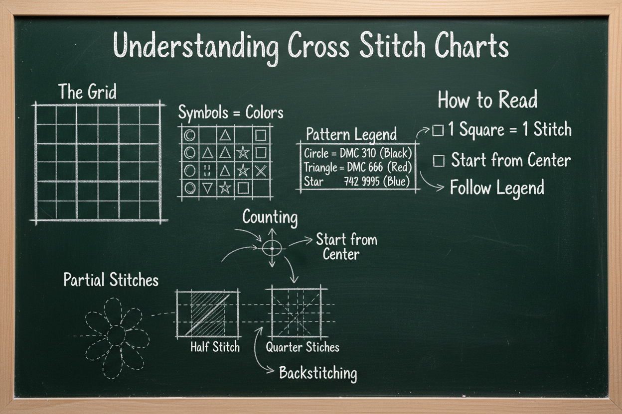 Blackboard diagram explaining cross stitch pattern charts: grid system, symbols for thread colors, pattern legend, counting from center, partial stitches, and backstitching techniques