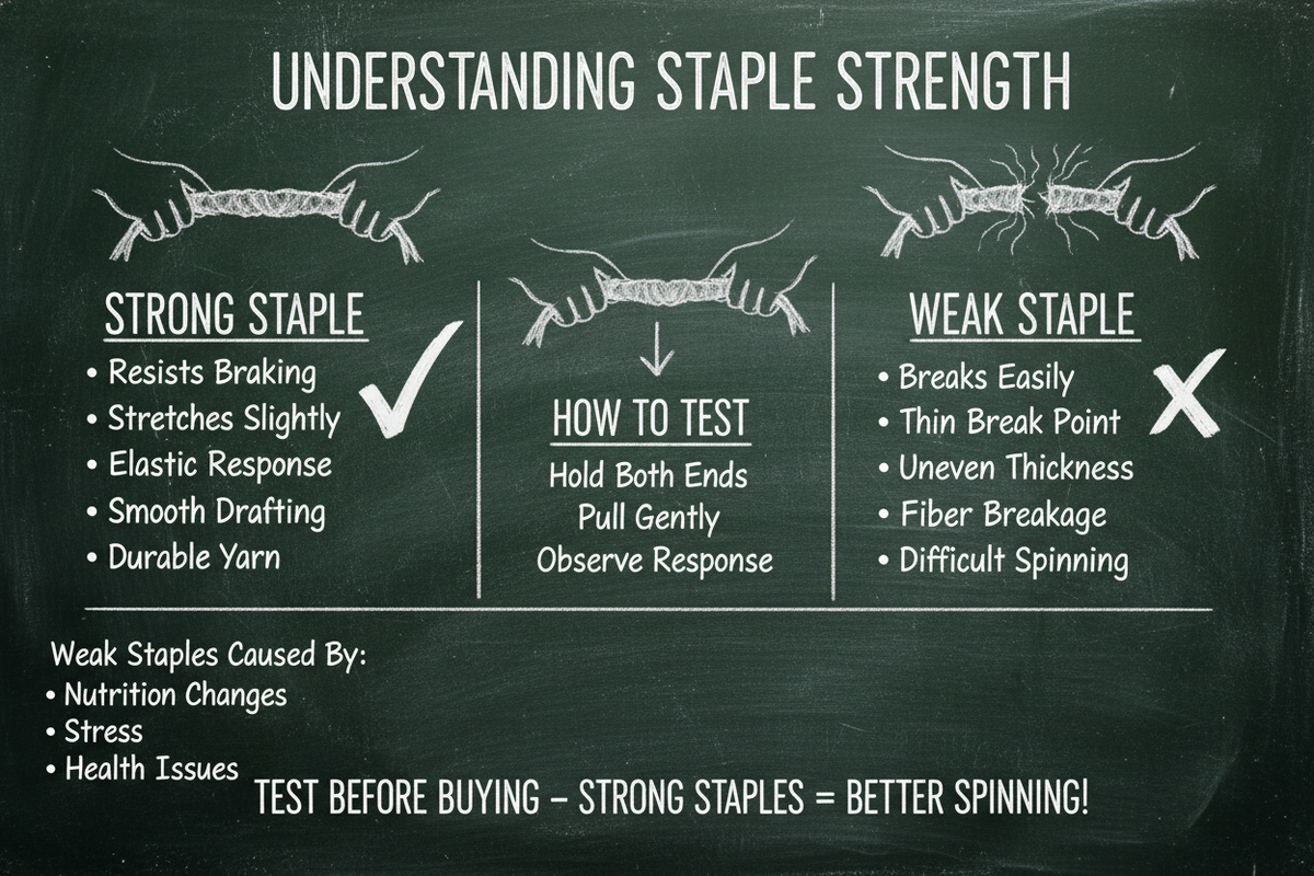 Chalkboard diagram showing staple strength in wool: strong staples resist breaking and create durable yarn, weak staples break easily and cause spinning problems