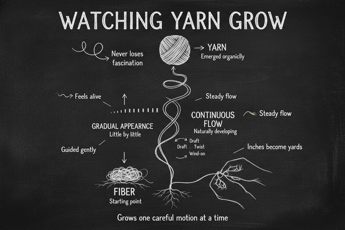 Blackboard diagram showing eight aspects of why spinning feels like watching something grow — gradual appearance, continuous flow, spindle filling, fiber responsiveness, gentle guidance, skein formation, natural feel, and organic transformation