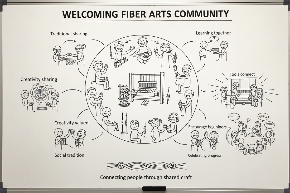 Whiteboard diagram showing seven reasons the fiber arts community is so welcoming — traditional sharing, constant learning, tools connecting people, demonstrations, encouraging beginners, creativity, and social gathering traditions