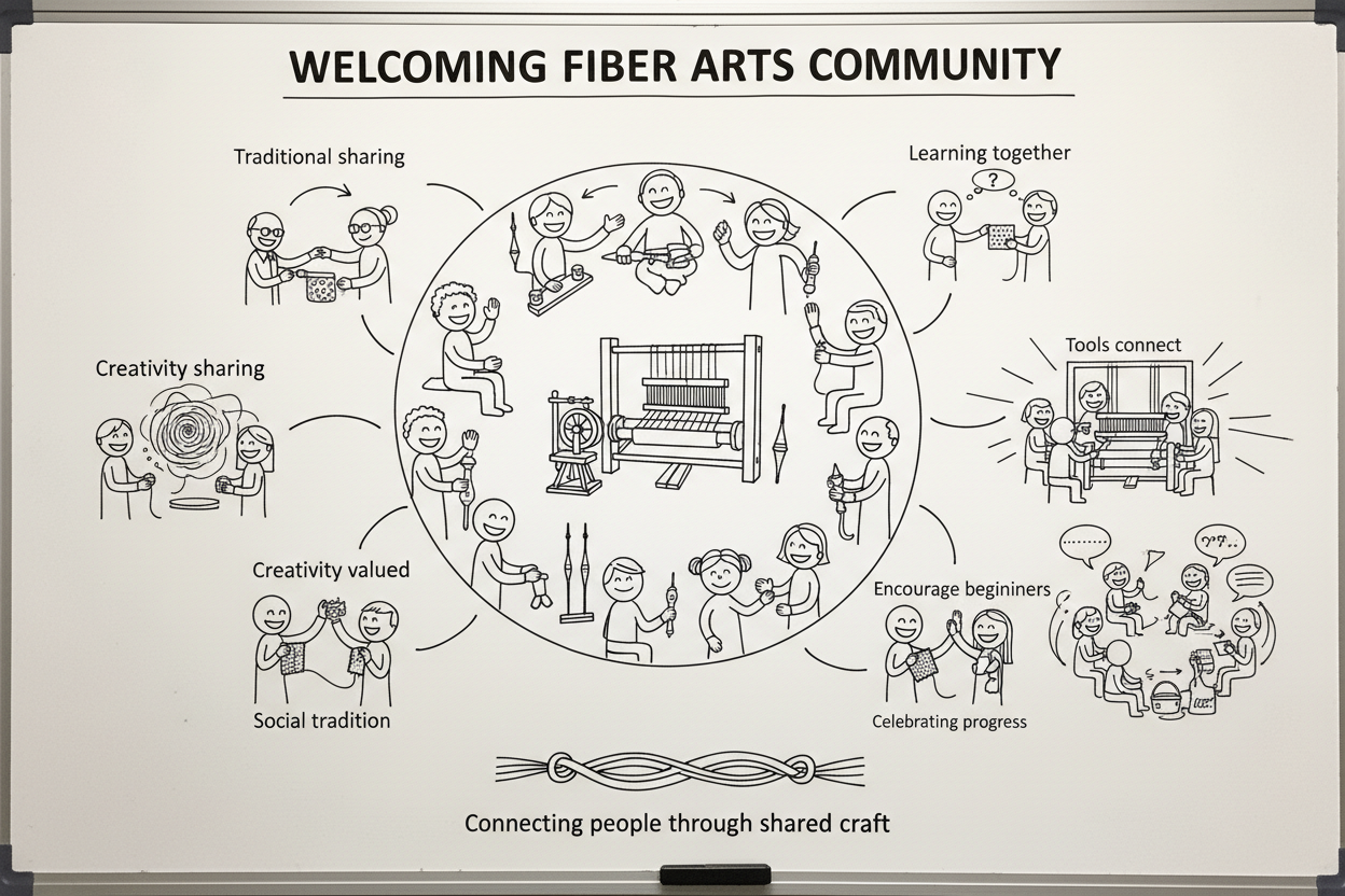 Whiteboard diagram showing seven reasons the fiber arts community is so welcoming — traditional sharing, constant learning, tools connecting people, demonstrations, encouraging beginners, creativity, and social gathering traditions