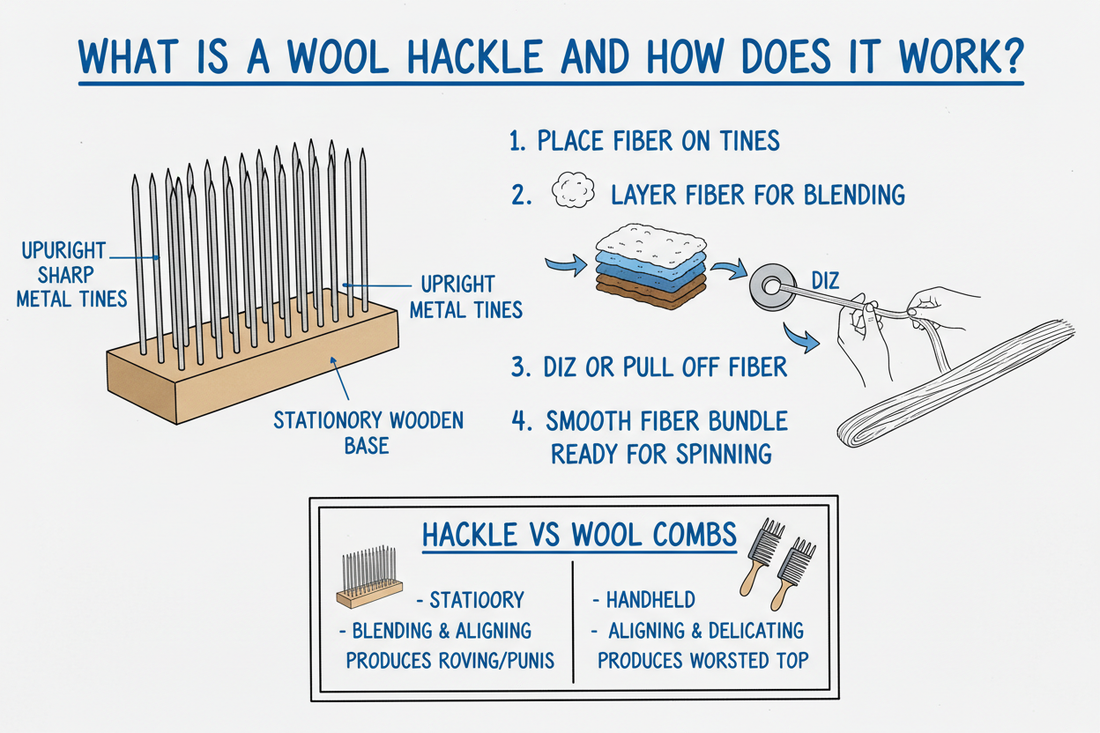 Whiteboard diagram showing what a wool hackle is (stationary tool with upright tines) and how it works to blend and organize fiber for spinning