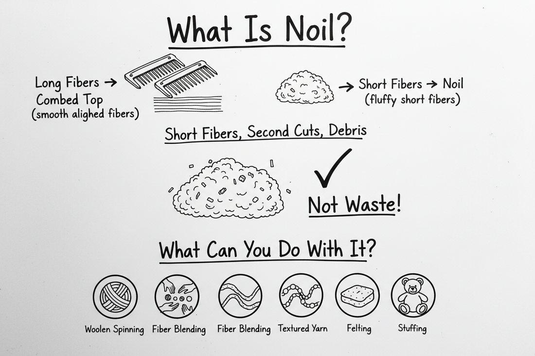 Whiteboard diagram showing what noil is (short fibers from wool combing) and five ways to use it: woolen spinning, fiber blending, textured yarn, felting, and stuffing