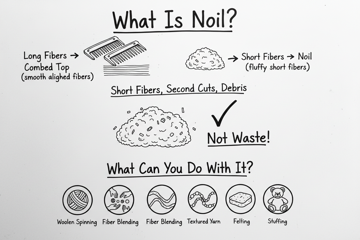 Whiteboard diagram showing what noil is (short fibers from wool combing) and five ways to use it: woolen spinning, fiber blending, textured yarn, felting, and stuffing