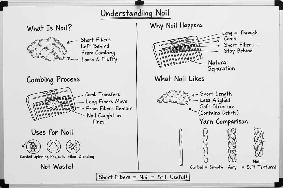 Whiteboard diagram showing what noil is: short fibers left behind during wool combing, separated naturally as long fibers move through and short fibers remain, useful for carded spinning, felting, and fiber blending