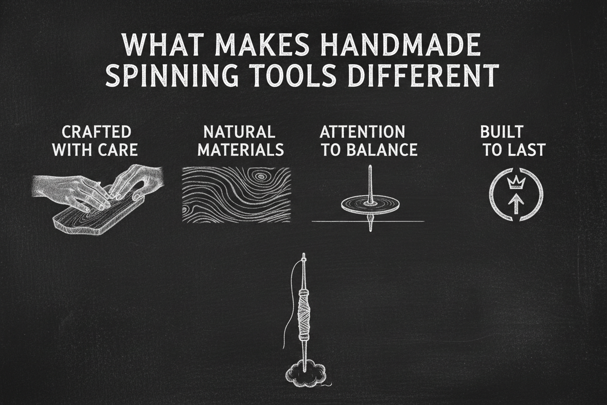 Blackboard diagram showing what makes handmade spinning tools different: crafted with care, natural materials, attention to balance, and built to last