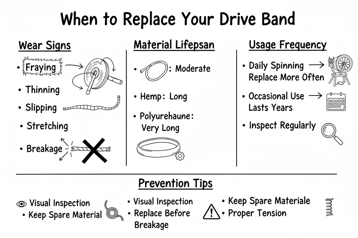Whiteboard diagram showing when to replace drive bands: wear signs (fraying, thinning, slipping, stretching, breakage), material lifespan (cotton moderate, hemp long, polyurethane very long), usage frequency, and prevention tips