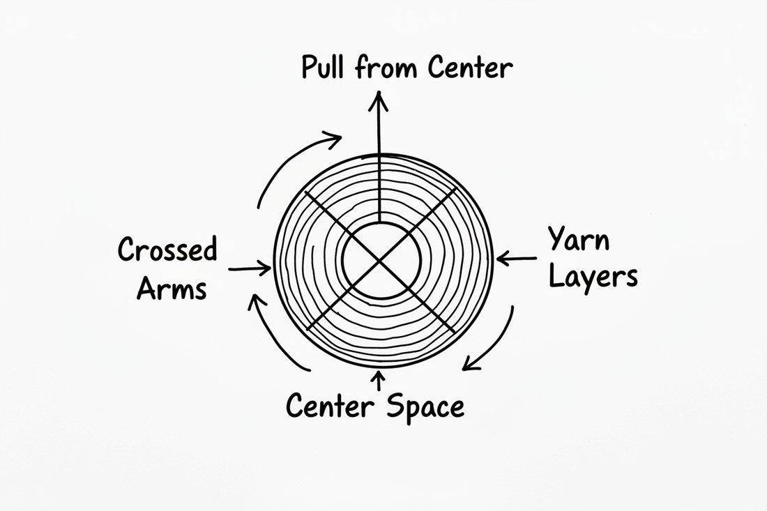 Whiteboard cross-section diagram showing how Turkish drop spindle crossed arms create center-pull yarn ball structure