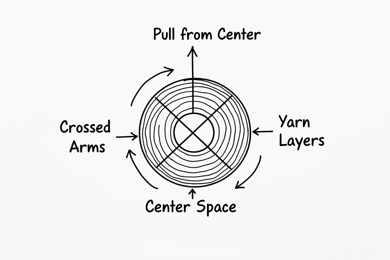 Whiteboard cross-section diagram showing how Turkish drop spindle crossed arms create center-pull yarn ball structure