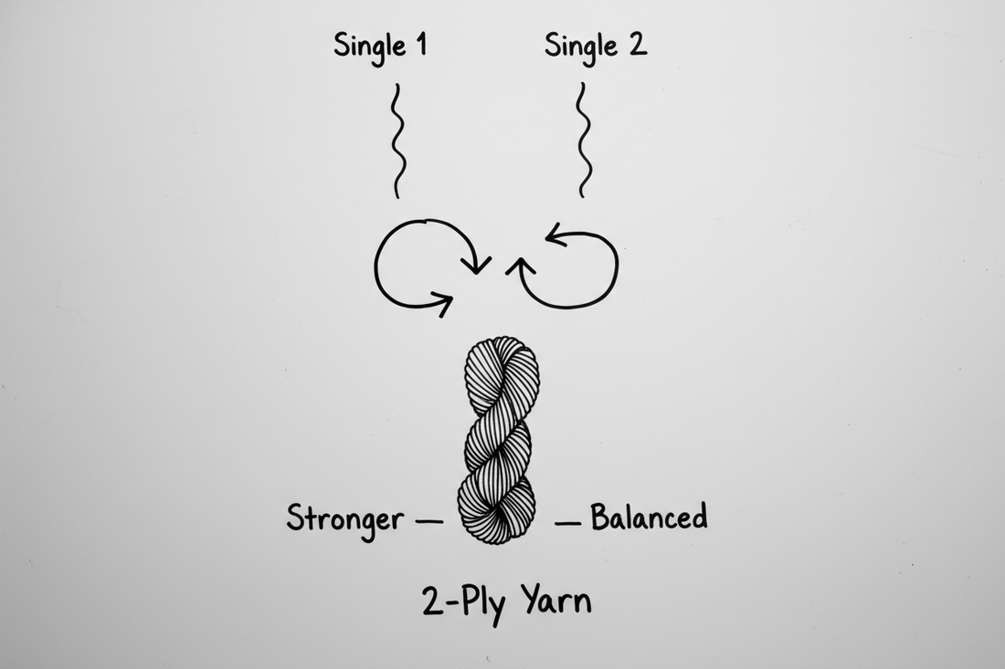 Whiteboard diagram showing two yarn singles twisting together in opposite direction to form balanced 2-ply handspun yarn