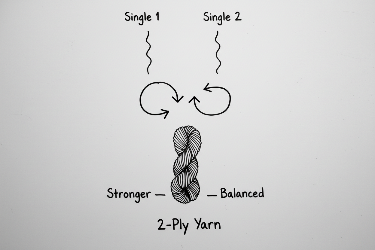 Whiteboard diagram showing two yarn singles twisting together in opposite direction to form balanced 2-ply handspun yarn