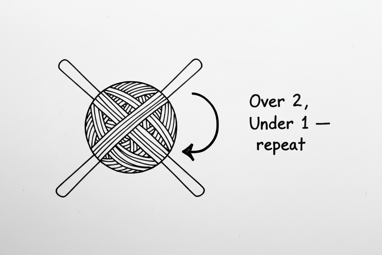Whiteboard diagram showing yarn wrapping around Turkish drop spindle arms in the over-two under-one pattern to build a center-pull turtle yarn ball