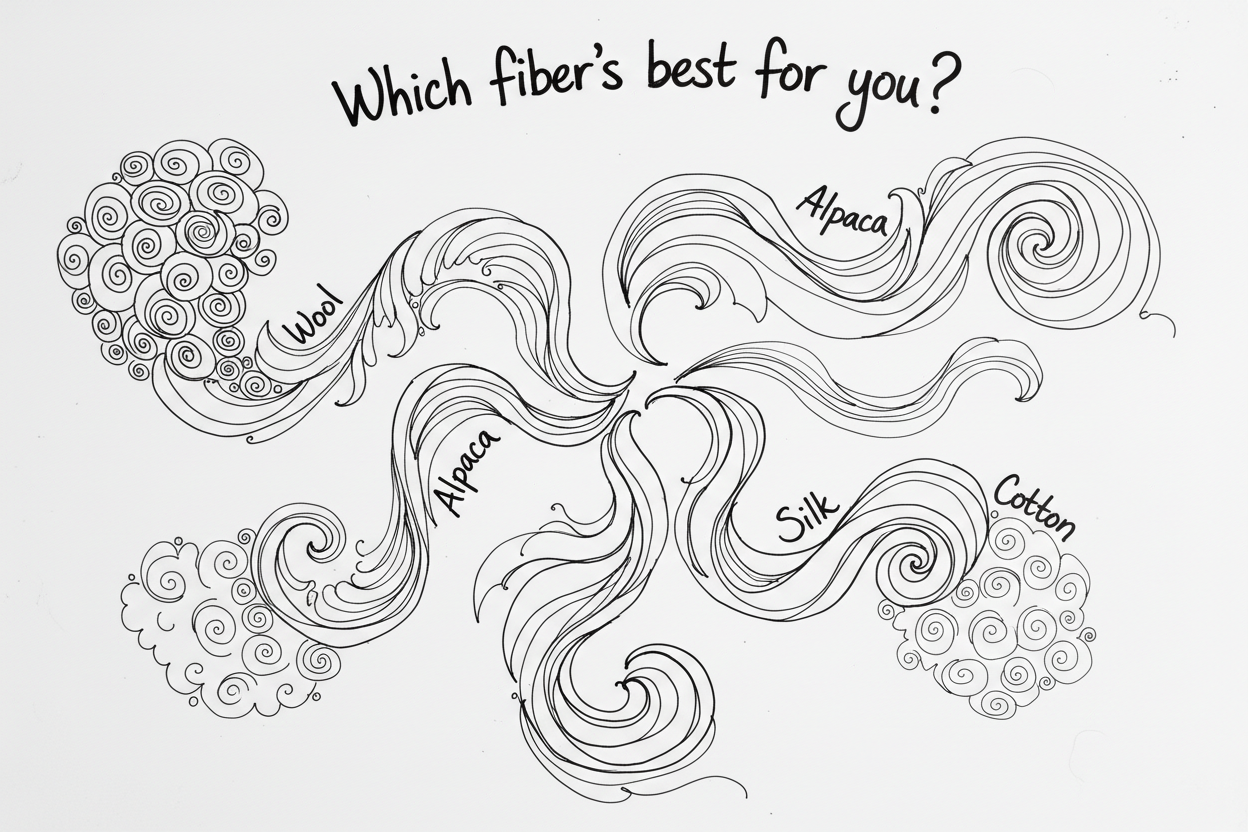 Whiteboard showing different spinning fibers swirling around with text asking which fiber is best for you