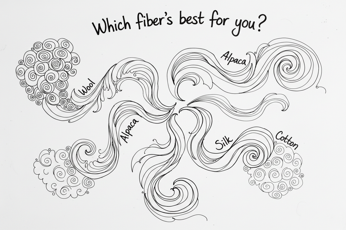 Whiteboard showing different spinning fibers swirling around with text asking which fiber is best for you