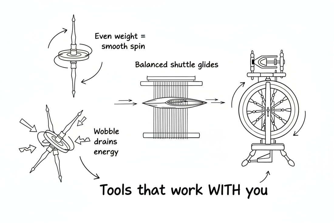 Whiteboard diagram showing why balance matters in fiber tools: balanced drop spindle with smooth rotation vs unbalanced wobbling spindle, balanced boat shuttle gliding through shed, spinning wheel with balanced flyer showing steady motion