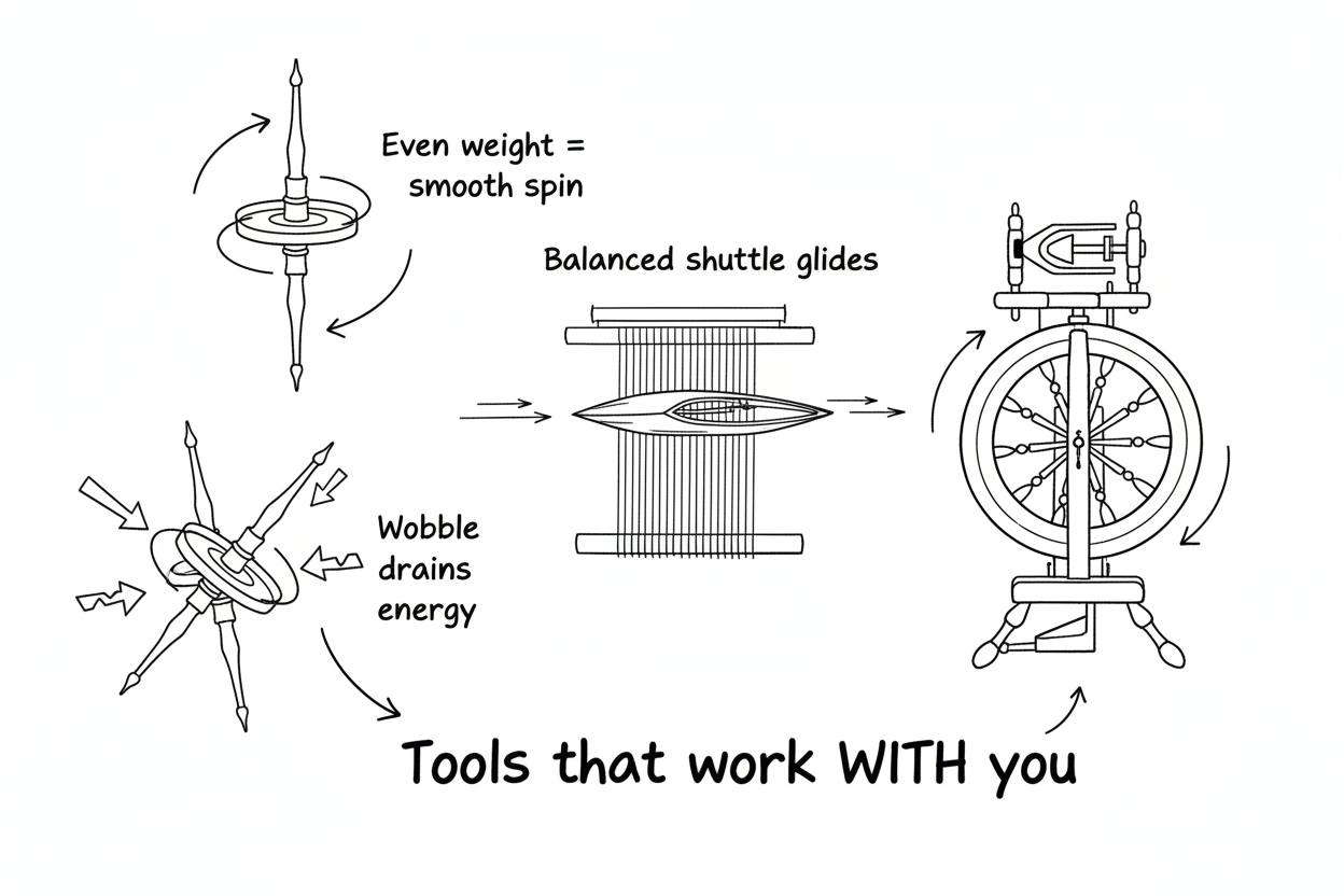 Whiteboard diagram showing why balance matters in fiber tools: balanced drop spindle with smooth rotation vs unbalanced wobbling spindle, balanced boat shuttle gliding through shed, spinning wheel with balanced flyer showing steady motion