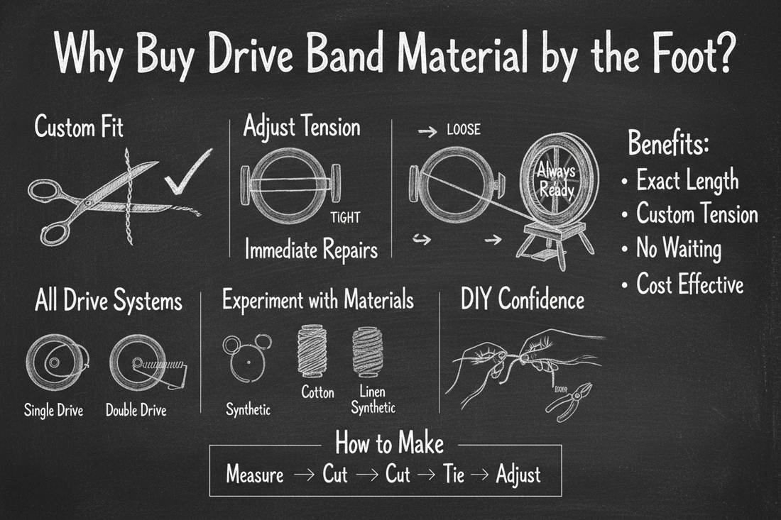 Blackboard diagram showing why spinners buy drive band material by the foot: custom fit, tension adjustment, immediate repairs, all drive systems, material options, and DIY confidence