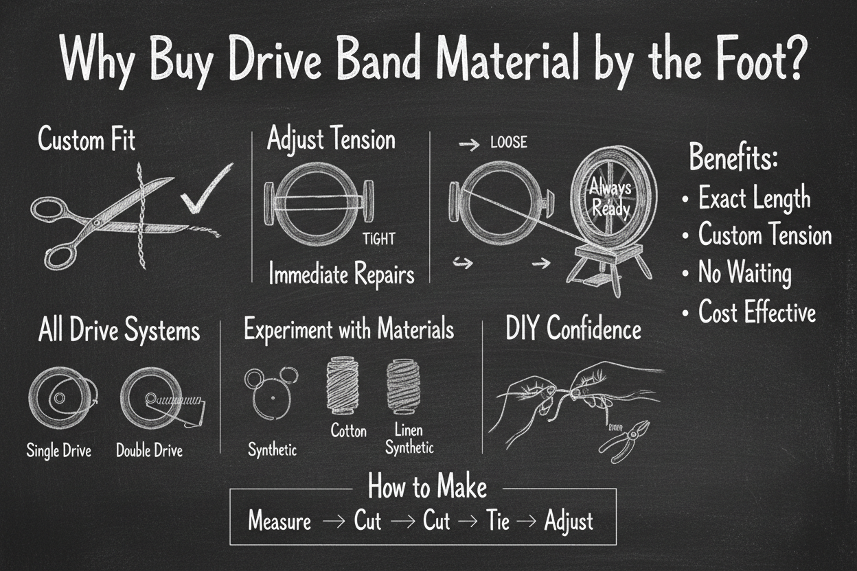 Blackboard diagram showing why spinners buy drive band material by the foot: custom fit, tension adjustment, immediate repairs, all drive systems, material options, and DIY confidence