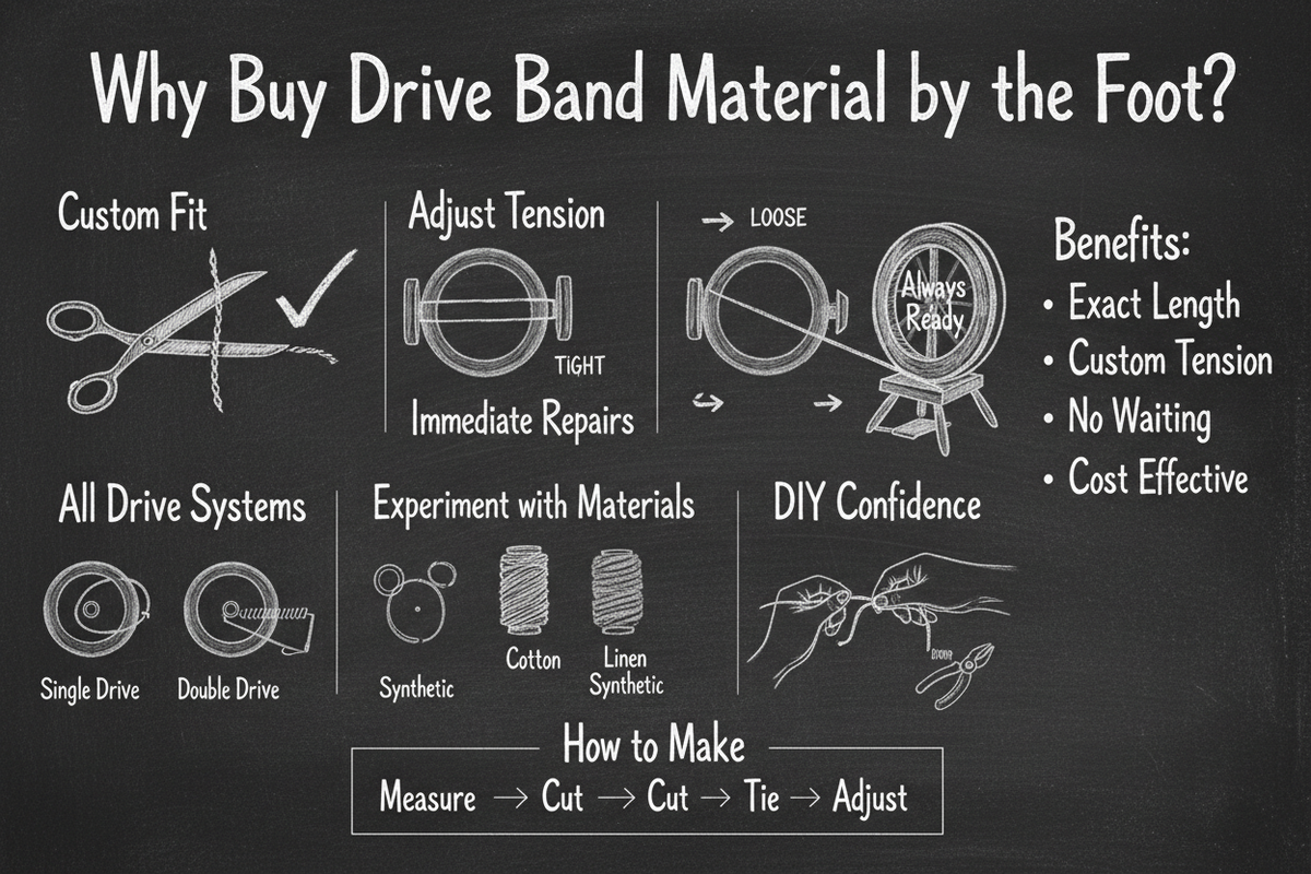 Blackboard diagram showing why spinners buy drive band material by the foot: custom fit, tension adjustment, immediate repairs, all drive systems, material options, and DIY confidence