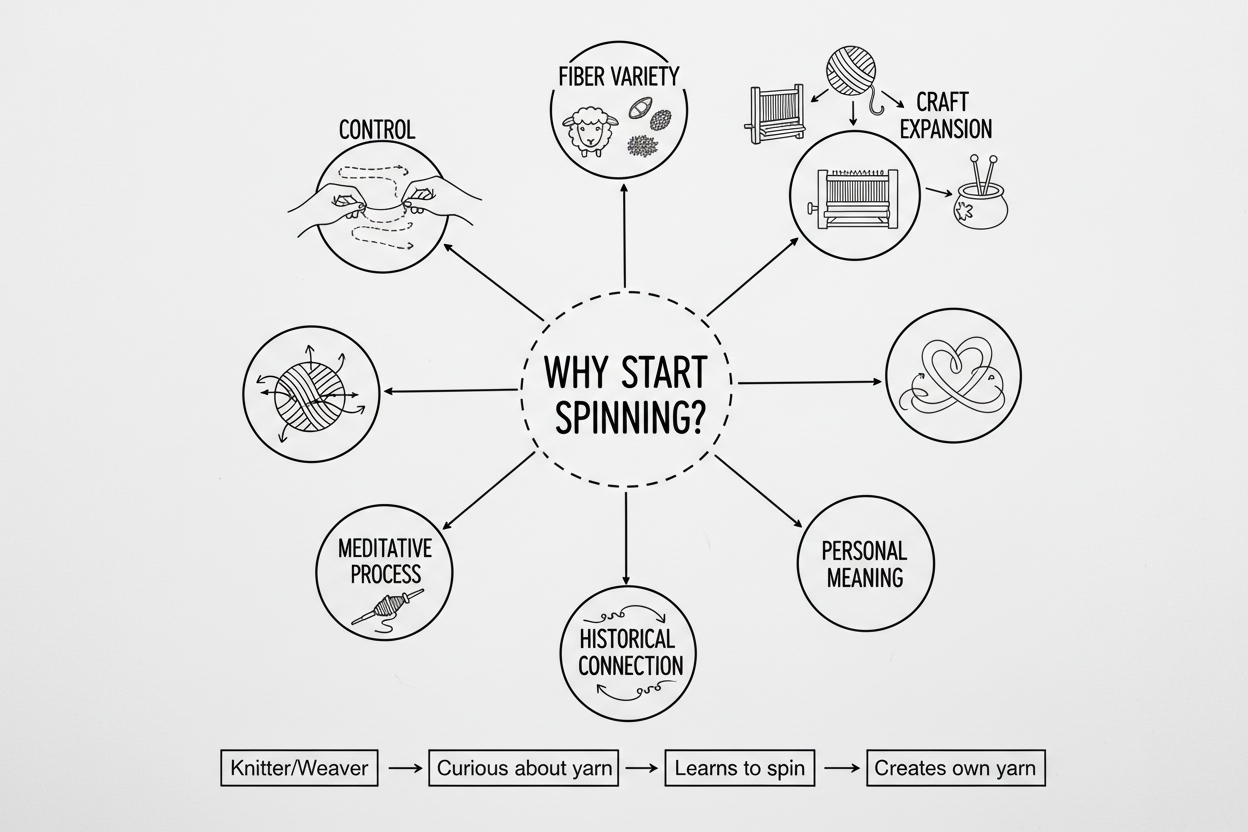 Whiteboard diagram showing eight reasons fiber artists transition to spinning — understanding yarn, control, fiber variety, process appeal, historical connection, personal projects, and craft expansion