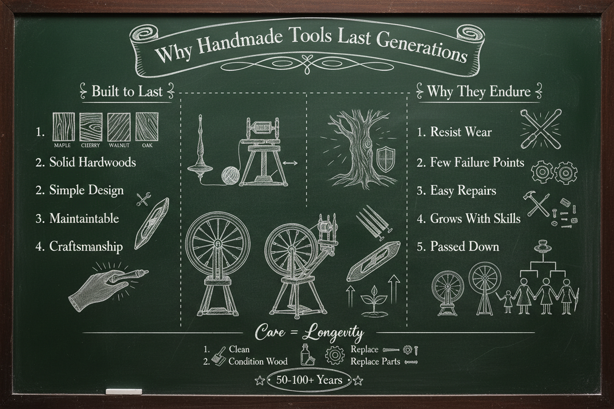 Blackboard diagram showing why handmade fiber tools last generations: simple design, maintainable construction, craftsmanship, resist wear, easy repairs, grow with skills