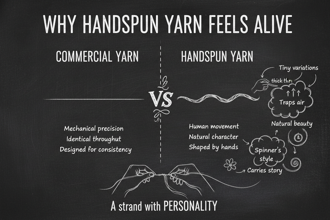 Blackboard diagram showing why handspun yarn feels alive