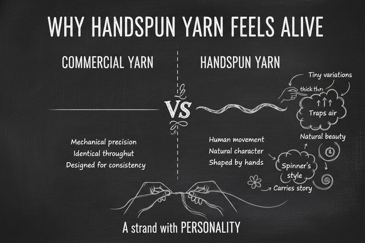 Blackboard diagram showing why handspun yarn feels alive