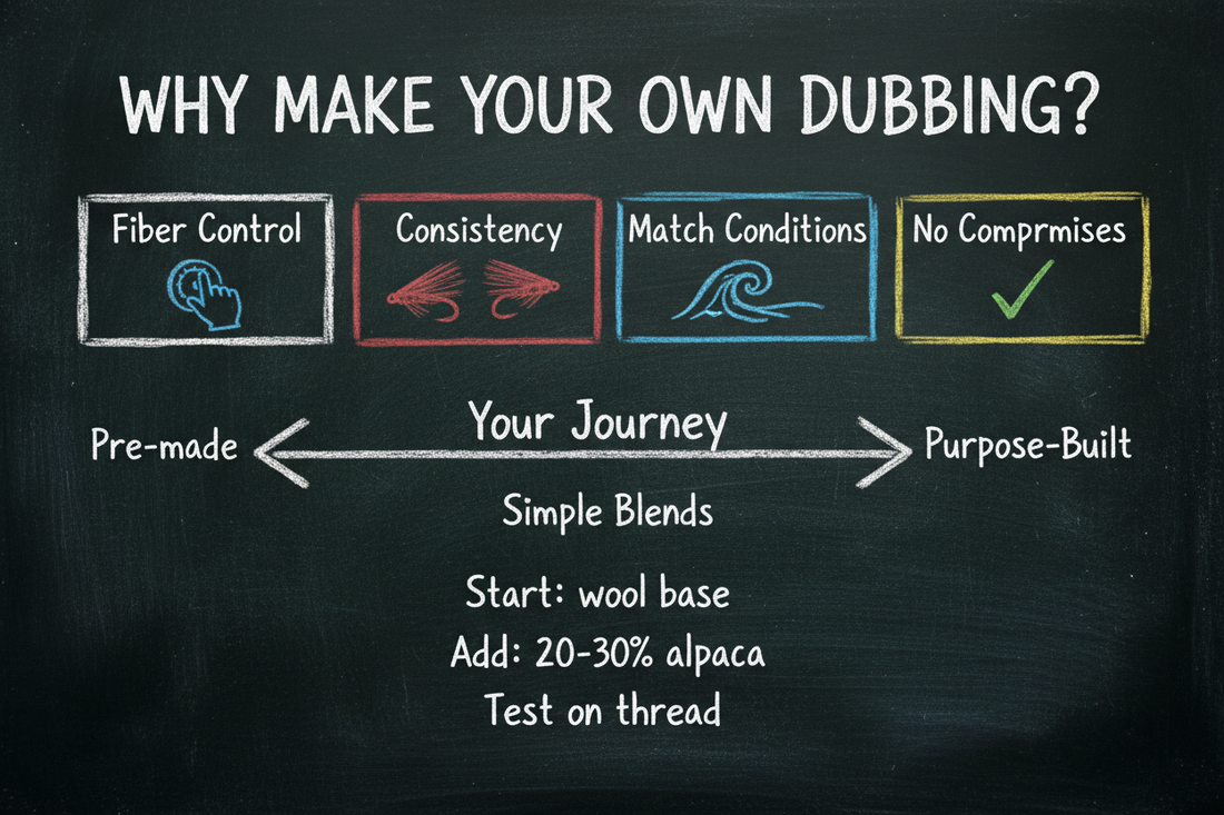 Blackboard diagram explaining why fly tyers make their own dubbing — four key benefits (fiber control, consistency, match conditions, no compromises).