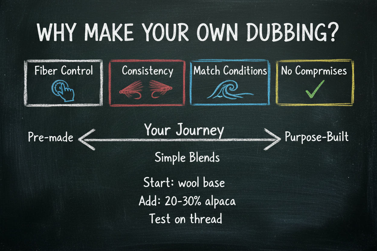 Blackboard diagram explaining why fly tyers make their own dubbing — four key benefits (fiber control, consistency, match conditions, no compromises).