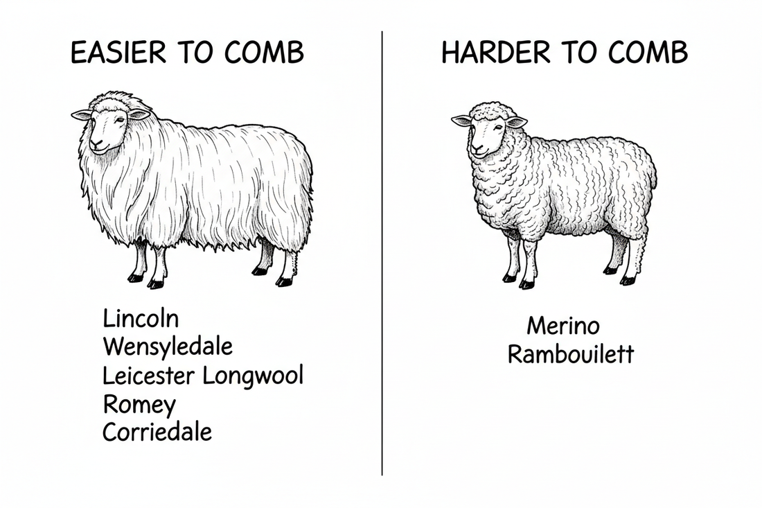 Whiteboard illustration comparing easy-to-comb long-wool sheep breeds (Lincoln, Wensleydale, Leicester Longwool, Romney, Corriedale) on the left and harder-to-comb fine-wool breeds (Merino, Rambouillet) on the right