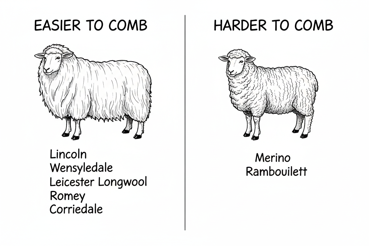 Whiteboard illustration comparing easy-to-comb long-wool sheep breeds (Lincoln, Wensleydale, Leicester Longwool, Romney, Corriedale) on the left and harder-to-comb fine-wool breeds (Merino, Rambouillet) on the right