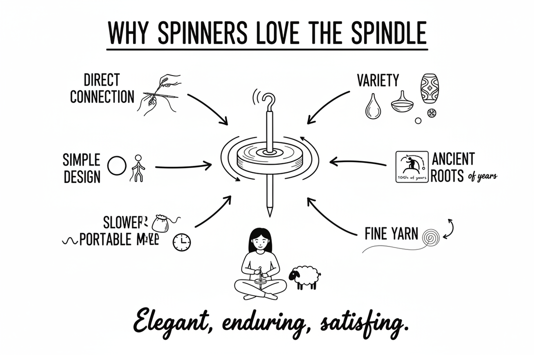 Whiteboard diagram illustrating why spinners return to the drop spindle, showing direct hand control of drafting and twist, spindle portability, fine yarn capability, and the simple gravity-and-rotation mechanism