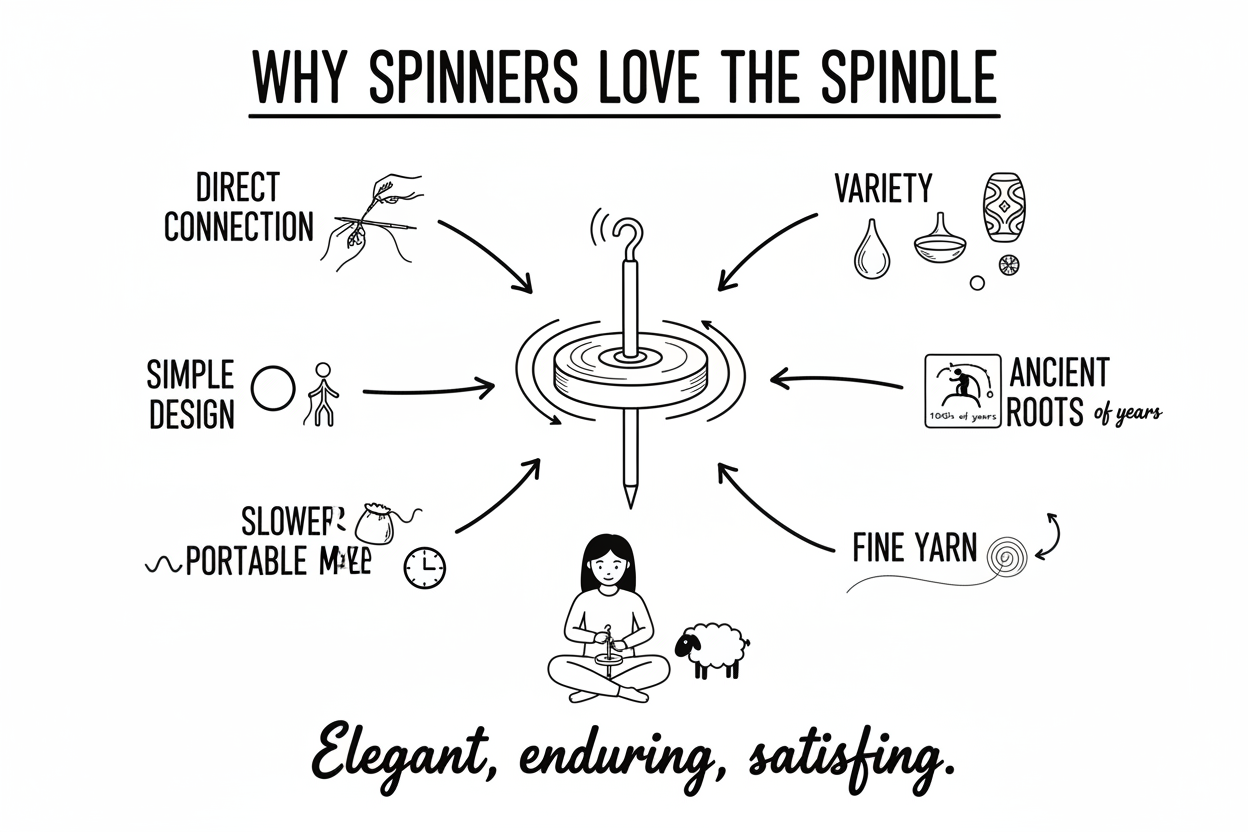 Whiteboard diagram illustrating why spinners return to the drop spindle, showing direct hand control of drafting and twist, spindle portability, fine yarn capability, and the simple gravity-and-rotation mechanism