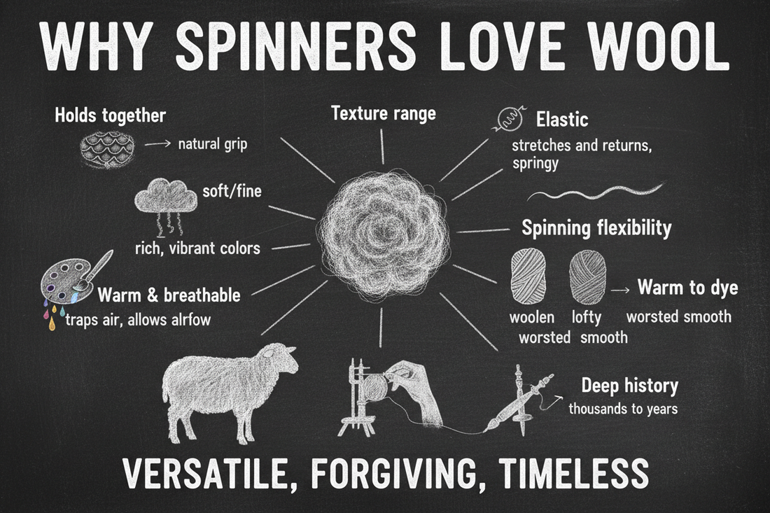 Blackboard diagram illustrating why spinners love wool, showing fiber scales that help fibers grip, natural crimp and elasticity, breed diversity from fine to longwool, and woolen versus worsted spinning techniques