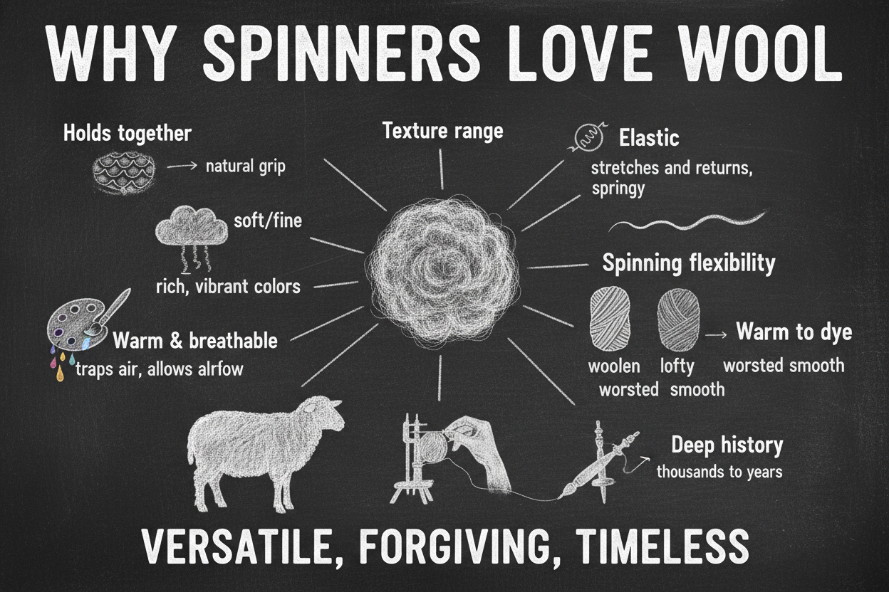 Blackboard diagram illustrating why spinners love wool, showing fiber scales that help fibers grip, natural crimp and elasticity, breed diversity from fine to longwool, and woolen versus worsted spinning techniques