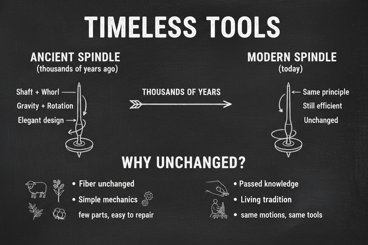 Blackboard diagram comparing an ancient spindle whorl to a modern drop spindle, with six labeled reasons why spinning tool design has remained unchanged for thousands of years