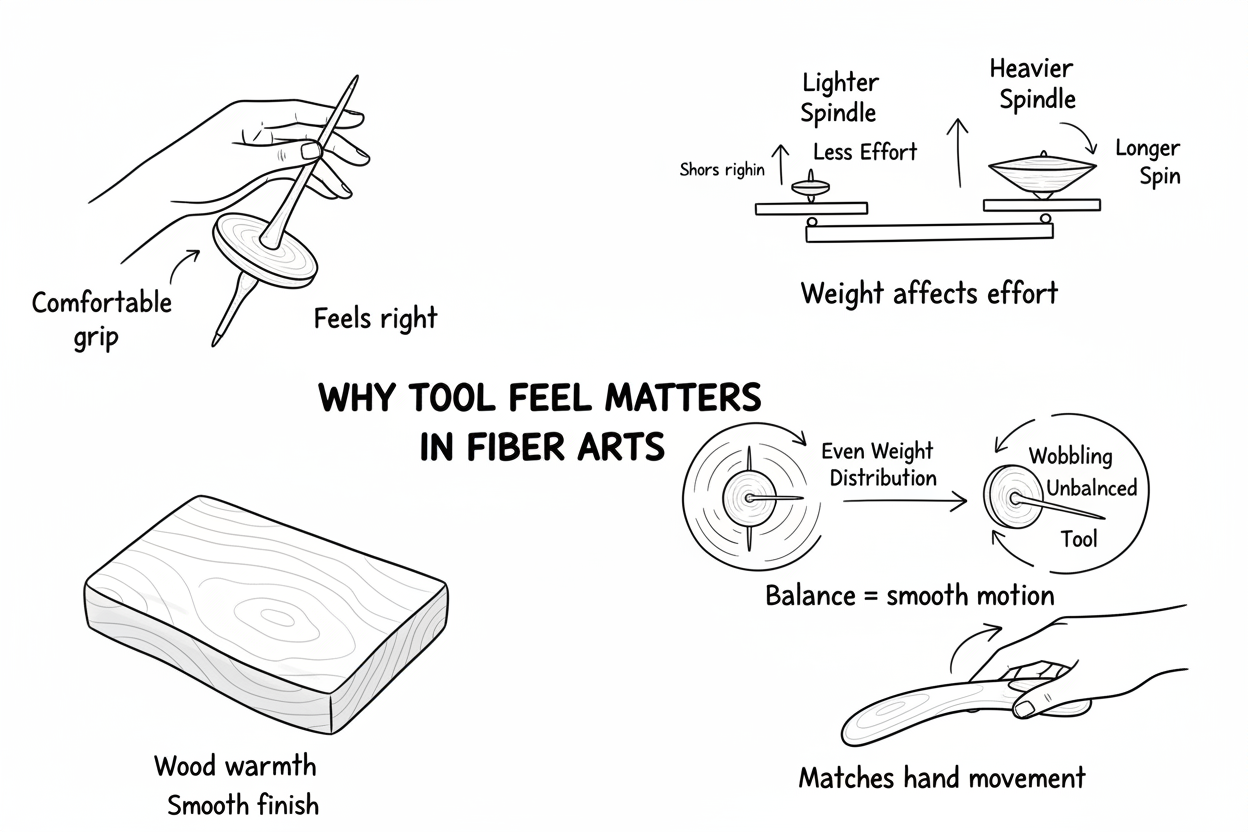 Whiteboard diagram showing why tool feel matters in fiber arts