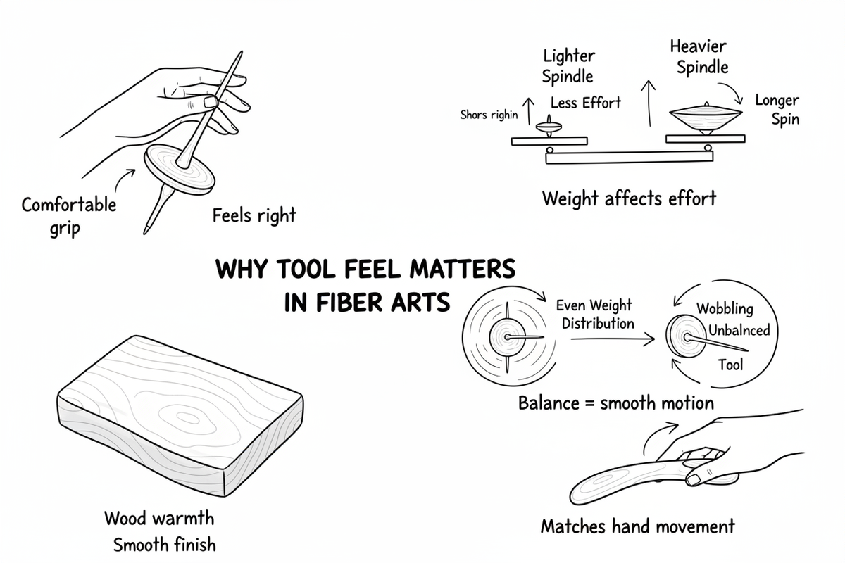 Whiteboard diagram showing why tool feel matters in fiber arts
