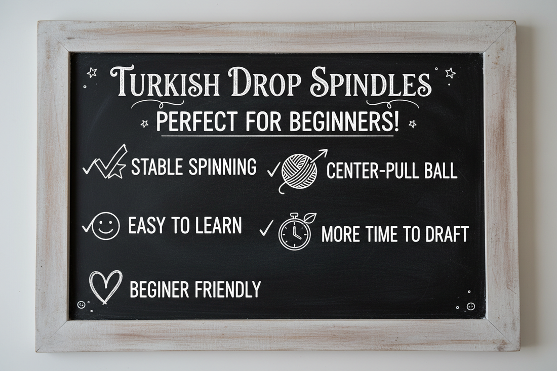 Chalkboard showing why Turkish drop spindles are perfect for beginners with benefits like stable spinning, center-pull ball, and easy to learn