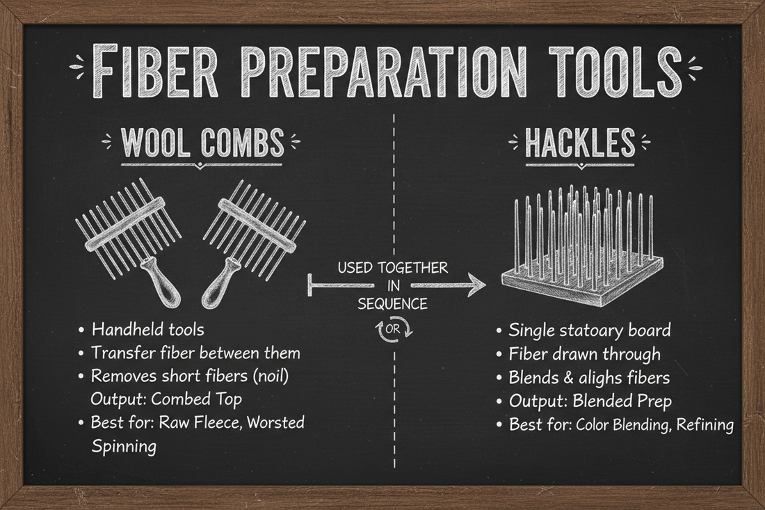 Blackboard diagram comparing wool combs and hackles — how each tool works, what it produces, and when to use one over the other.