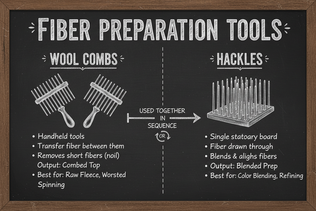 Blackboard diagram comparing wool combs and hackles — how each tool works, what it produces, and when to use one over the other.