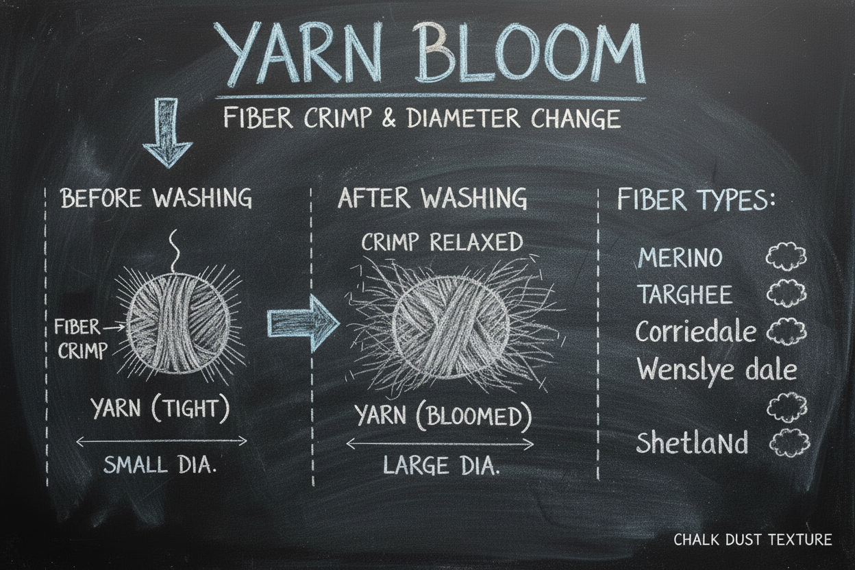 Chalkboard diagram illustrating yarn bloom, showing fiber crimp and yarn diameter changes before and after washing, with fiber names including Merino, Targhee, Corriedale, Wensleydale, and Shetland written in chalk.