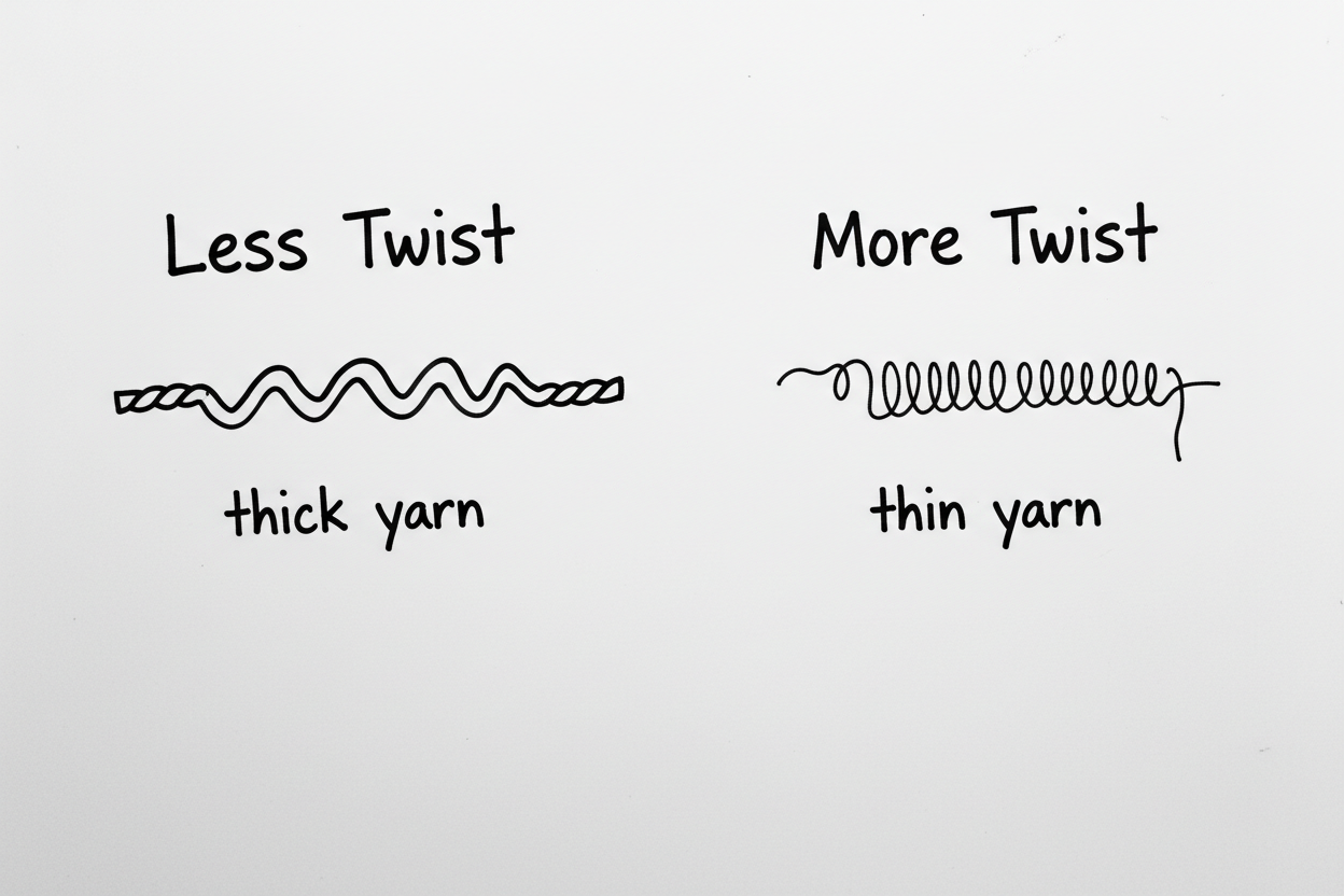Whiteboard comparison showing thick, medium, and thin yarn with fiber amount and twist density labels for Turkish drop spindle spinning