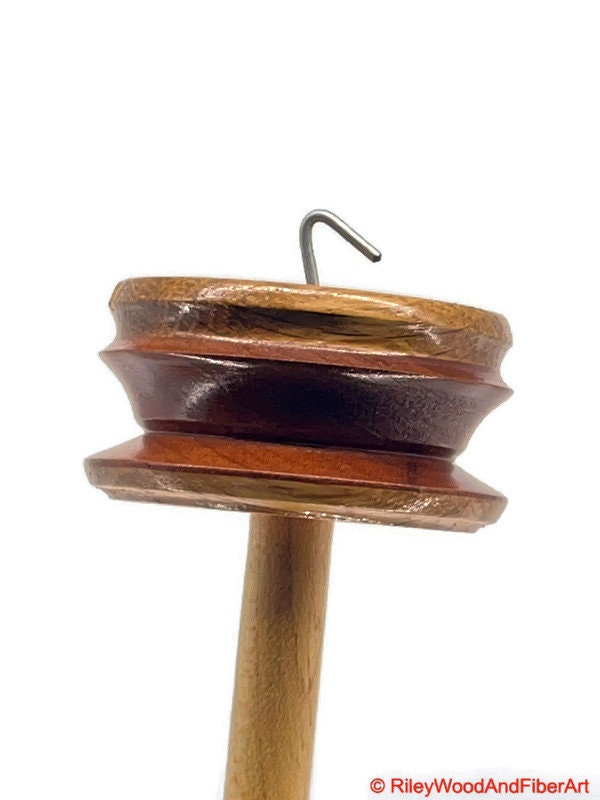 Top Whorl Drop Spindle - Rift Sawn White Oak & African Mahogany - 29g on white background