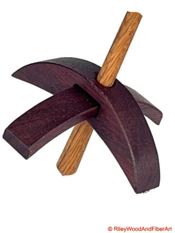 Mini Turkish Drop Spindle - Purple Heart Whorl with White Oak Shaft on white background