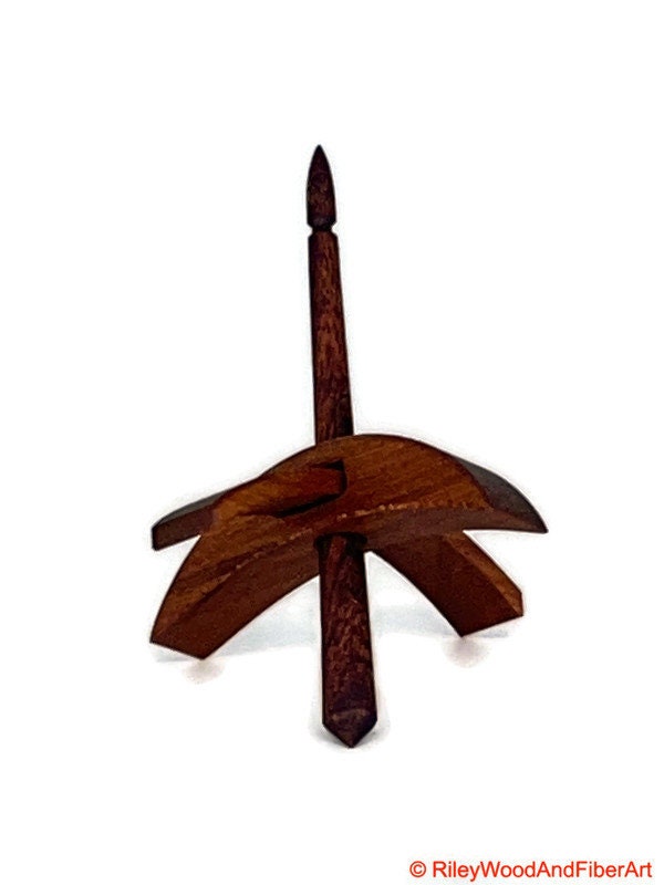Mini Turkish Drop Spindle - Cherry Whorl with Chechen Shaft on white background