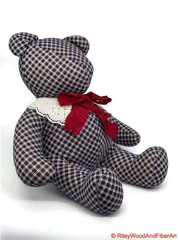 Handmade Vintage Fabric Stuffed Bear - Unique Heirloom Collectible Plaid on white background