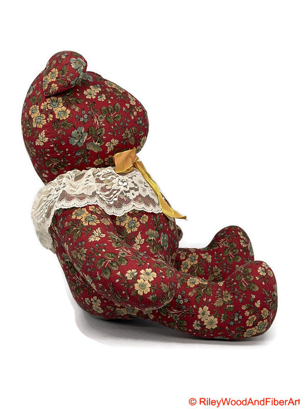 Handmade Vintage Fabric Stuffed Bear - Unique Heirloom Collectible Red Floral on white background