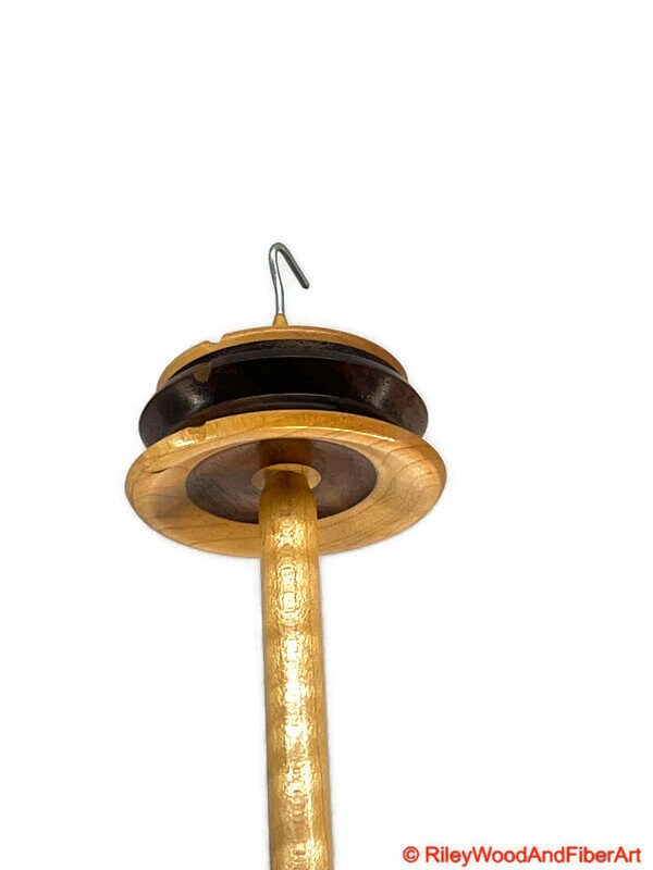 Top Whorl Drop Spindle - Maple & Walnut - Curly Maple Shaft - 35g on white background