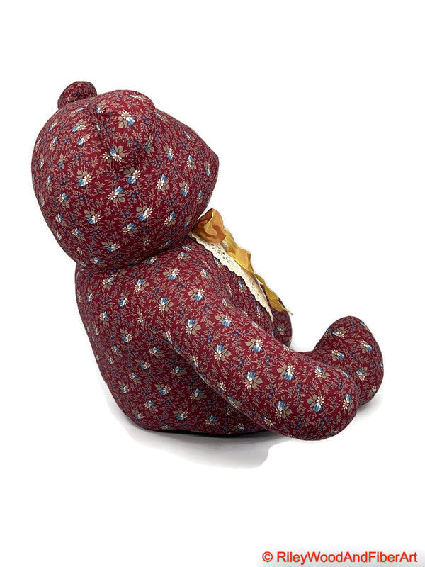 Handmade Vintage Fabric Stuffed Bear - Unique Heirloom Collectible Red Vines Floral on white background